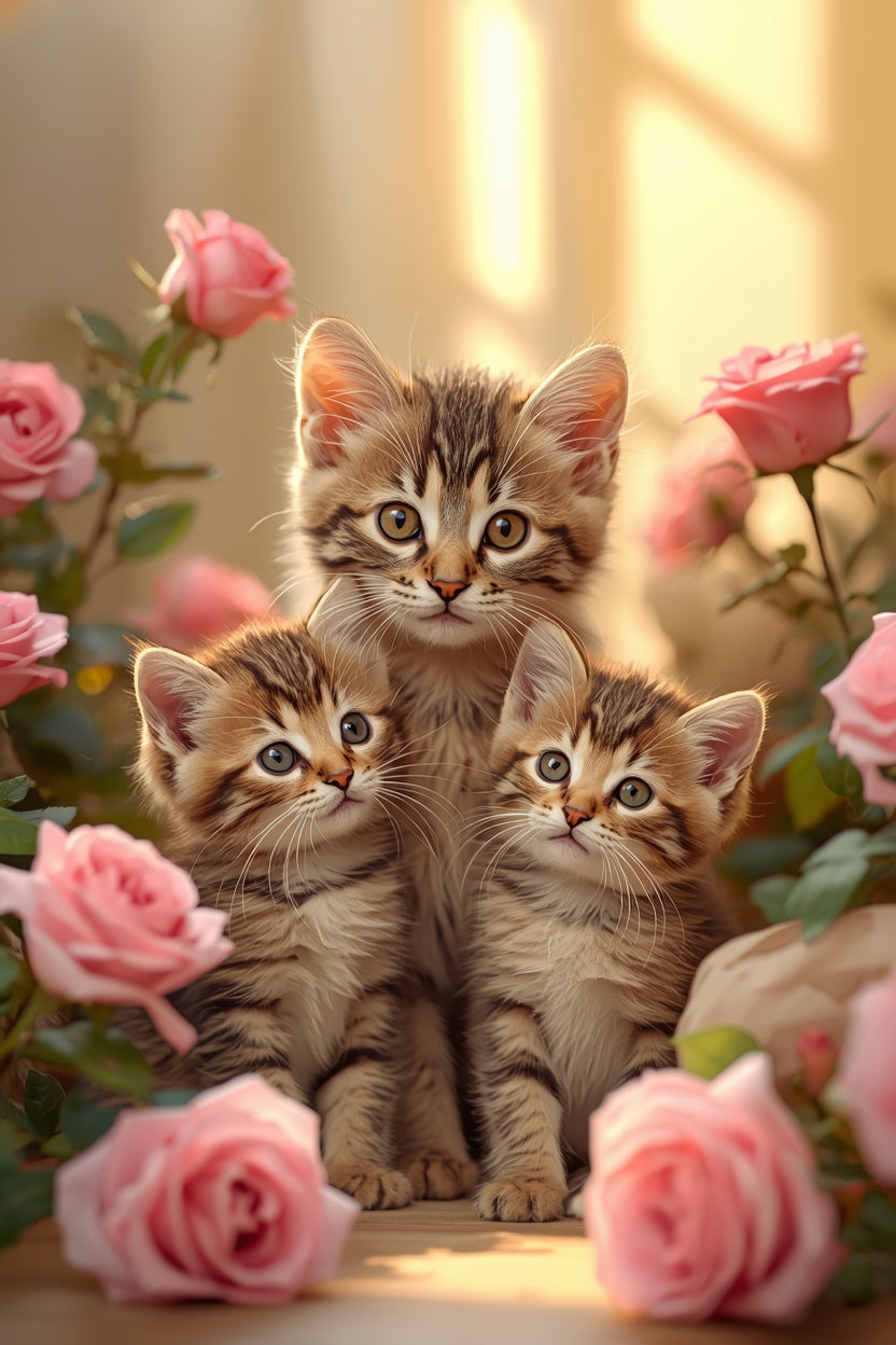 11.07 Cute Kitten Floral Print Set, Baby Cat Wall Art Bundle, Cotton and Rose Animal Prints, Nursery Cat Decor, Set of 4, Instant Download
