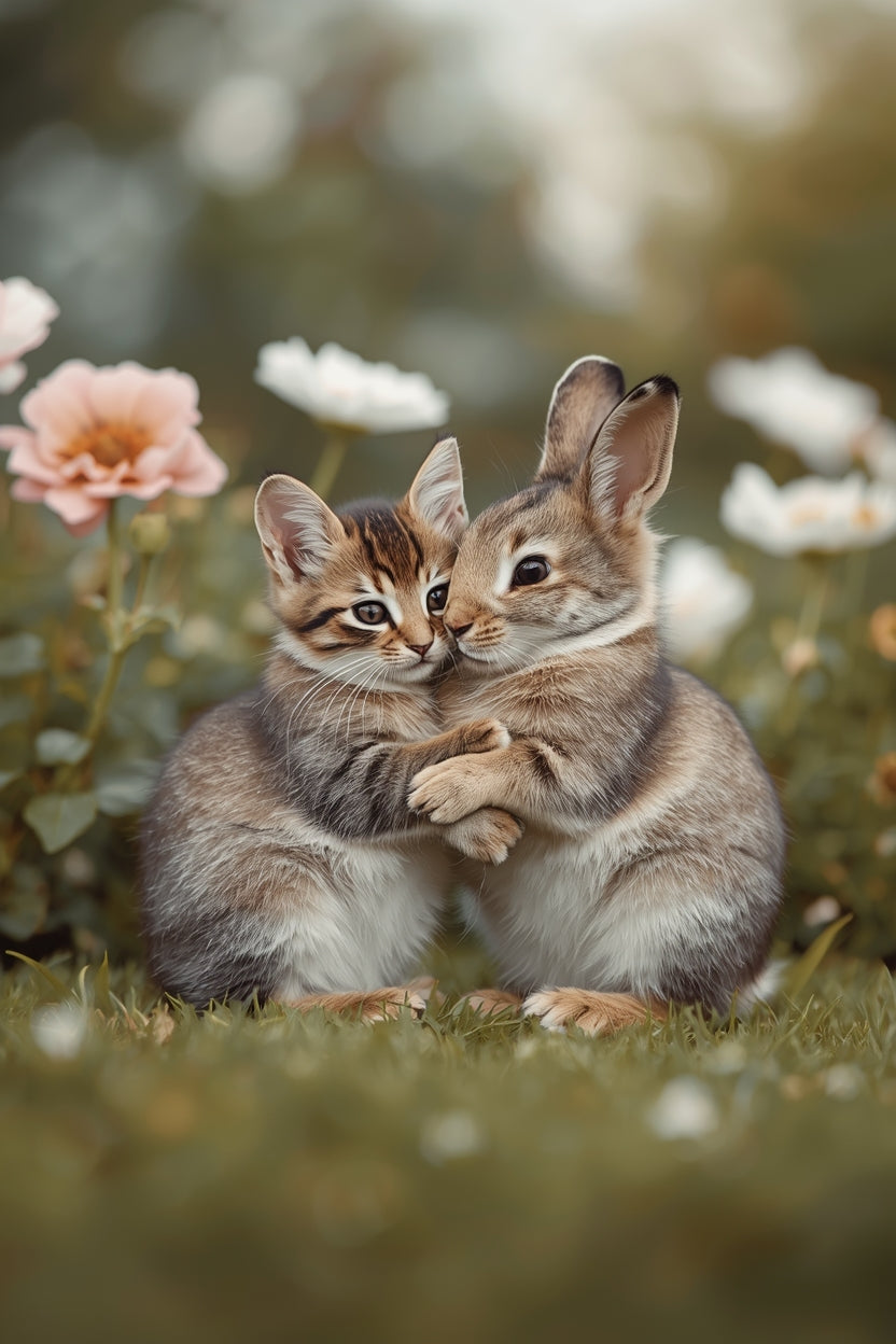 Kitten & Bunny Cuddle Wall Art Print – Soft Garden Animal Illustration 08